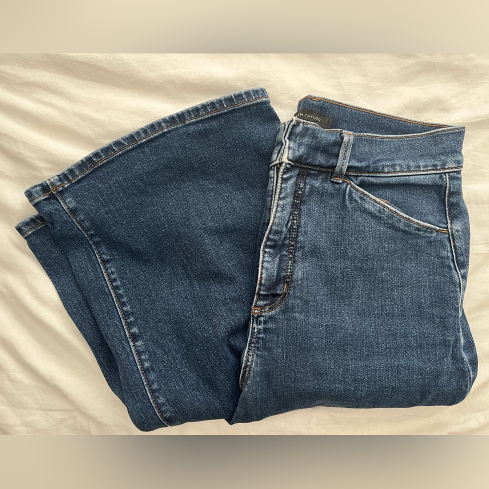 Dark wash high-waisted wide leg jeans